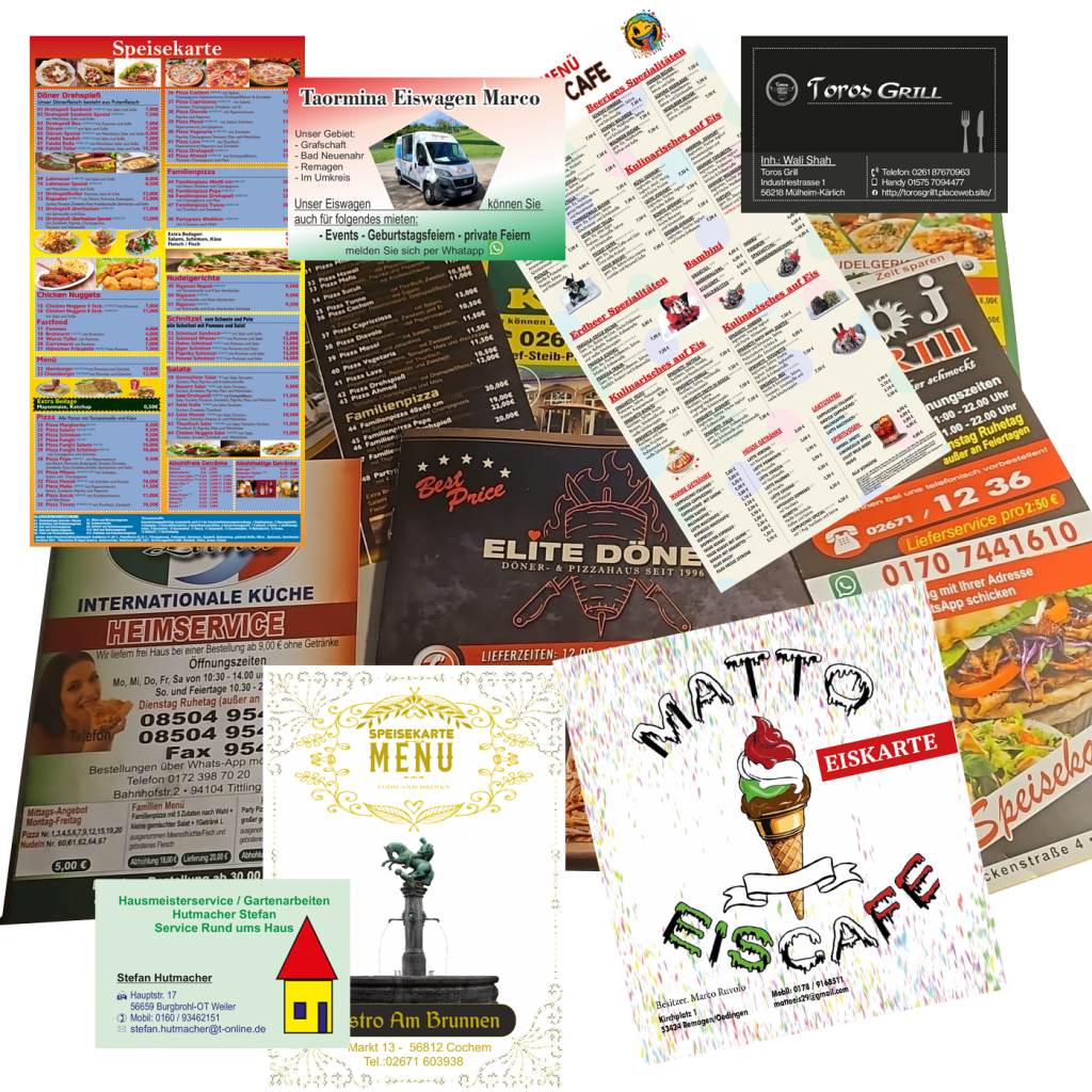 Meine Dienstleistungen. Webdesign,
digitale Speisekarten, Printprodukte Folierungen